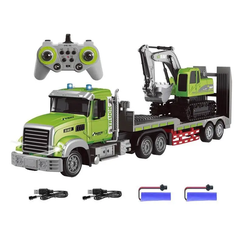 RC Semi Truck & Excavator Toy Set 1:12 RC Semi-Trailer Truck with Sound and Lights 2.4Ghz Remote Control Flatbed Truck with Excavator Toys Gift Set fo