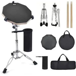 Drum Practice Pad Set, 12 Inch Double Sided Silent Drum Pad with Storage Bag + Adjustable Snare Drum Stand with Carry Bag + 2 Pair Drum Sticks with Drumstick Holder, Fits 10"-14" Drums (Black)