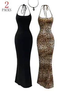 Elegant Halter Neck Mermaid Dresses, Solid Color Formal Bodycon Long Gown Set, Womenswear, Spring Summer Fashion, Sleeveless with Tie Detail, Mermaid Costume