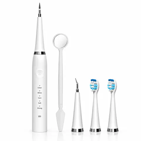 ROTUNOE 5-in-1 Electric Dental Cleaning Kit, Ultrasonic Tooth Cleaner with 5 Modes, Rechargeable Dental Calculus Remover, IPX7 Waterproof Teeth Cleaning Tool with Replacement Heads, Dental Mirror & Brush Heads, White