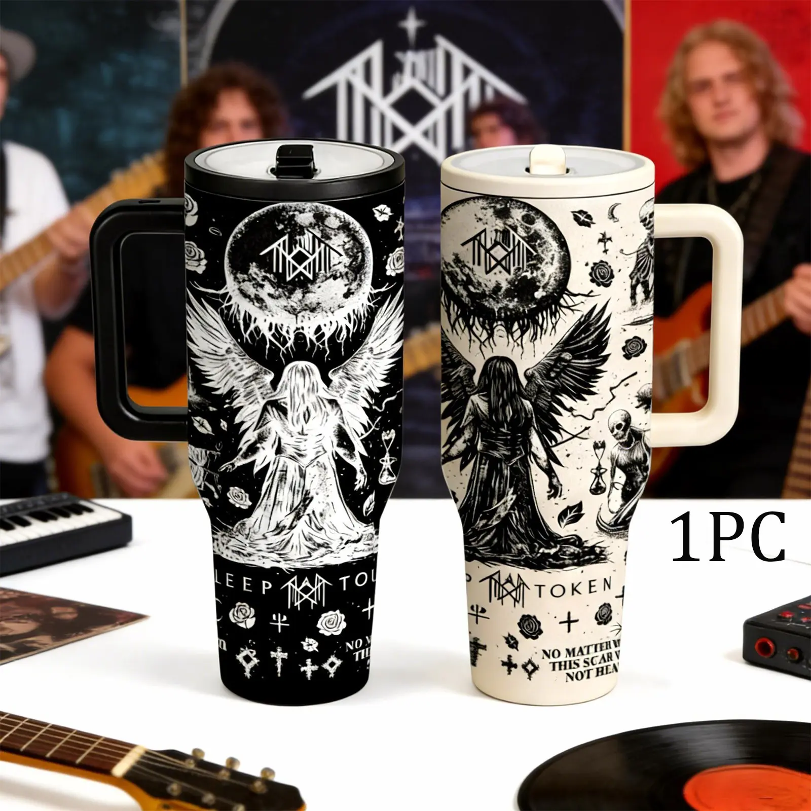 40oz Dark Angel Rock Style Thermo Tumbler with Lid, Black and White Gothic Art Design, Large Capacity Insulated Mug with Handle and Straw, Insulated Drink Cup, Bold Heavy Metal Aesthetic Cup for Rock Music Lovers, Stainless Steel Vacuum Insulated Flask