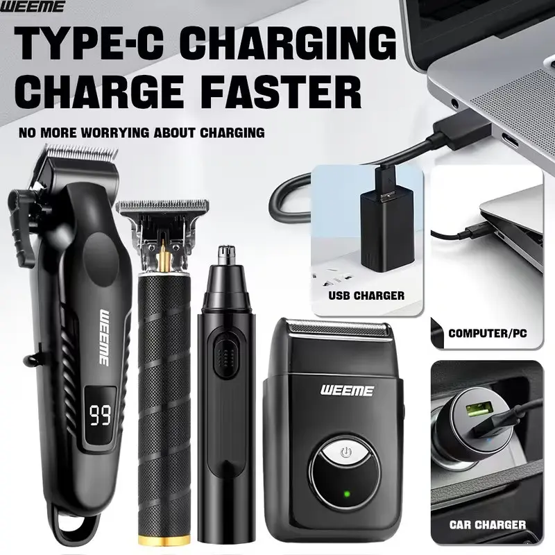 Weeme Professional 4-In-1 Men's Grooming Kit, Hair Clipper, T-Shaped Trimmer, Electric Shaver & Nose Hair Trimmer, Usb Rechargeable Cordless Hair Cutting Design, Complete Home Haircut Kit, Stylish Design, Trimmers Set