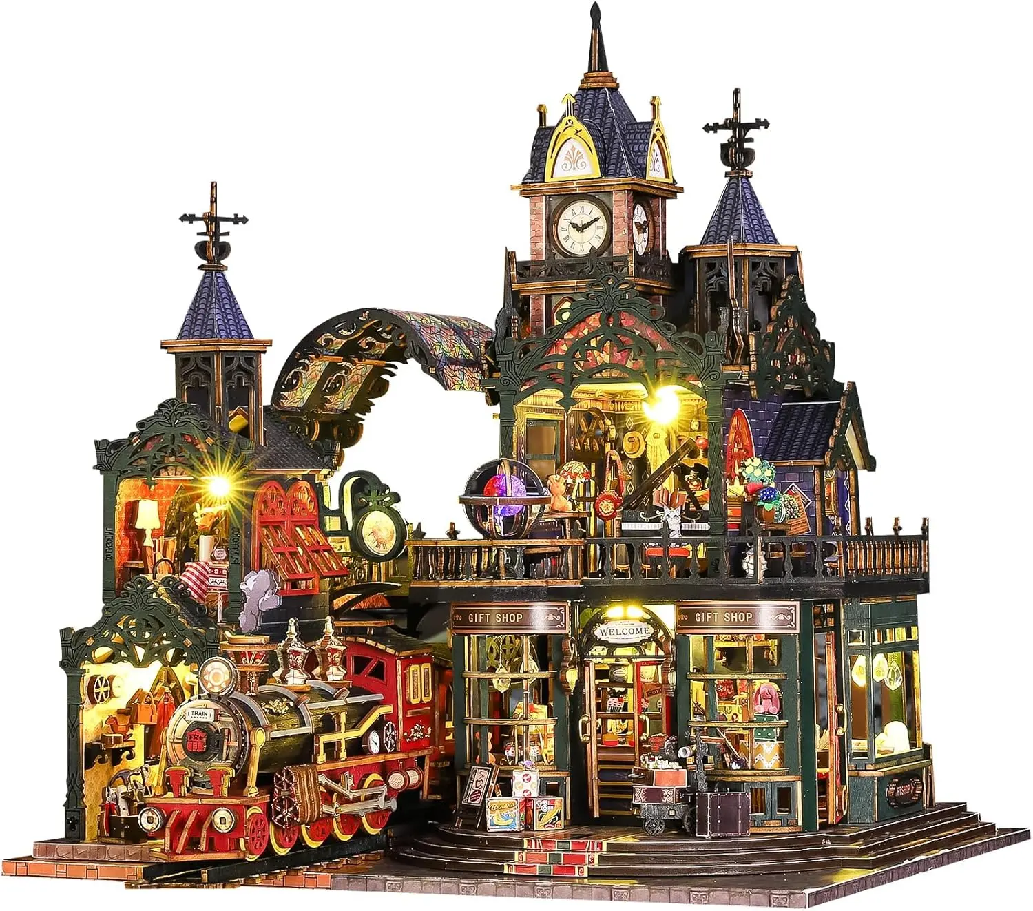 Spilay DIY Miniature House Kit, DIY Dollhouse Kit with Music Box and Dust Cover, 3D Wooden Puzzle Book Nook Kit for Adult, Bookshelf Decor&Gift for Birthday Halloween Christmas（Rail Track City） Pretend Playhouse