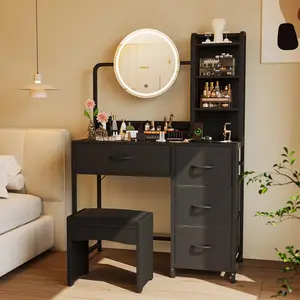 Garvee Makeup Vanity Desk with Lighted Round Mirror & Power Outlet – Small Vanity Table with 4 Fabric Drawers & 3 Shelves, Modern Dressing Table for Bedroom, Black