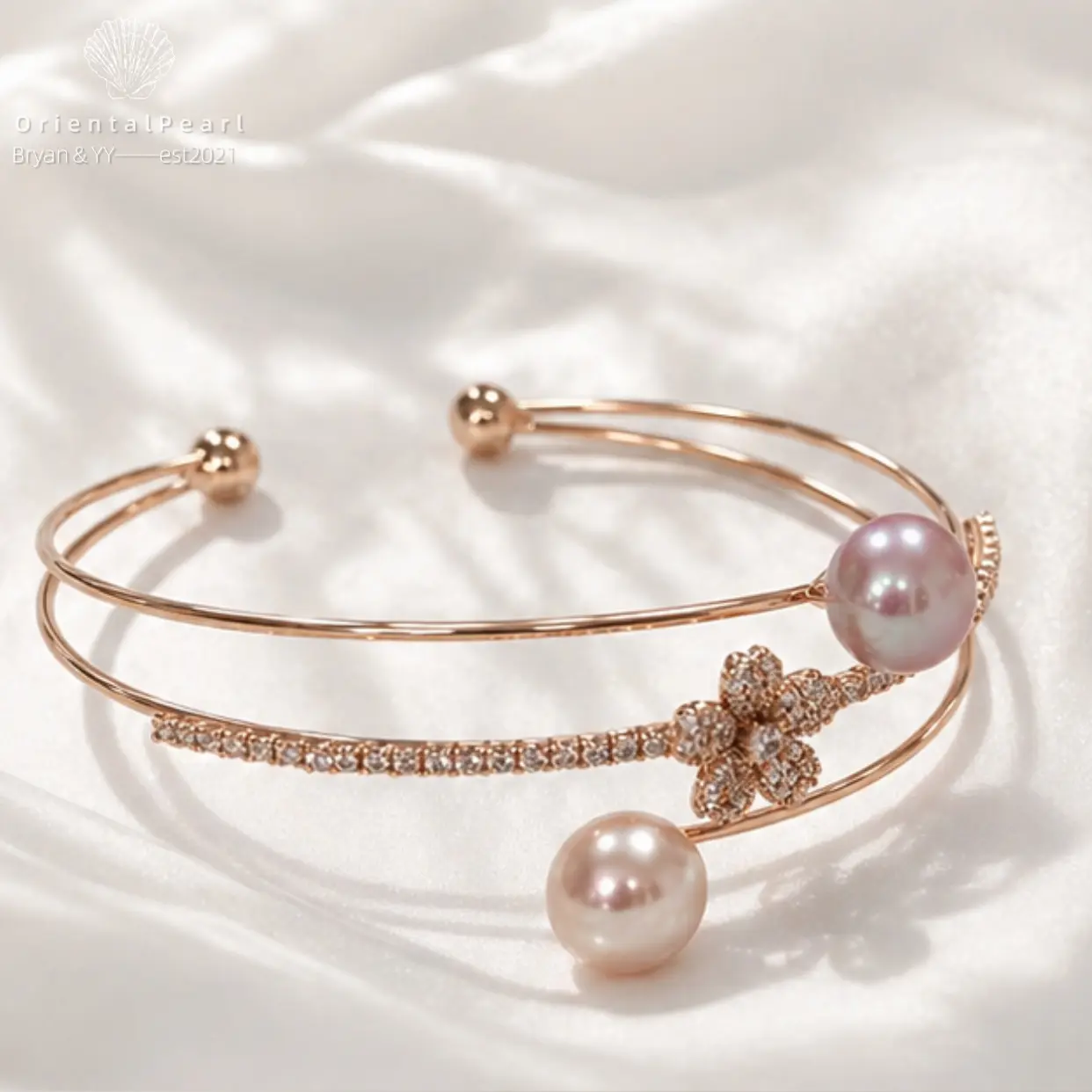 B12-A Garden Kissed by Pearls-Rose Gold Adiustable Bangle with Elegant Sparkle