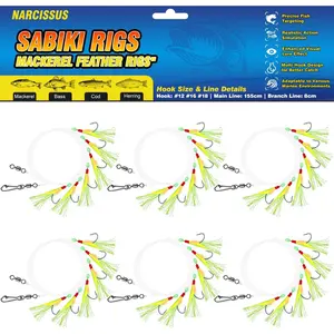 Narcissus Sabiki Rigs for Sea Fishing, 12Pack Pre-Tied Mackerel Feather Rigs with 60 Hooks, Luminous Beads & Bionic Insects, Perfect for Mackerel,Pollock,Cod,Herring,Bass