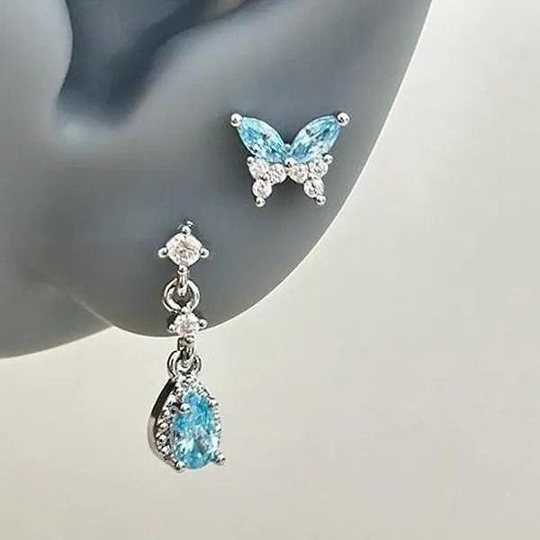 Butterfly Dangle Earrings 4-Piece Set Blue Pink Crystal Drop Earrings, Sparkly Rhinestone Stud Earrings, Elegant Cute Animal Ear Jewelry for Women Girls Party Birthday Gift