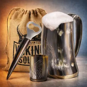 Viking Culture Viking Beer Mug Gift Set - Handcrafted Medieval Drinking Horn Tankard 16 oz Mug 3 oz Shot Glass & Fenrir Bottle Opener Wolf/Fenrir Engraving Unique Christmas Gift for Him Dad Husband Limited 2025 Edition