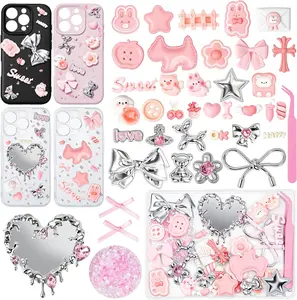 Pink-Silver Themed Animal Junk Case Charms Kit - Flat Back Resin Charms, Mirror, Tweezers, DIY Kawaii Decor for Jewelry Making, Cute Phone Cases