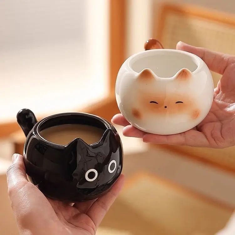 Cute Siamese Cat Ceramic Coffee Mug, Lovely Egg Shape Water Cup, High Aesthetic Drinkware, Creative Couple Cups, Adorable Tabletop Decor & Souvenir Gift for Girls and Cat Lovers