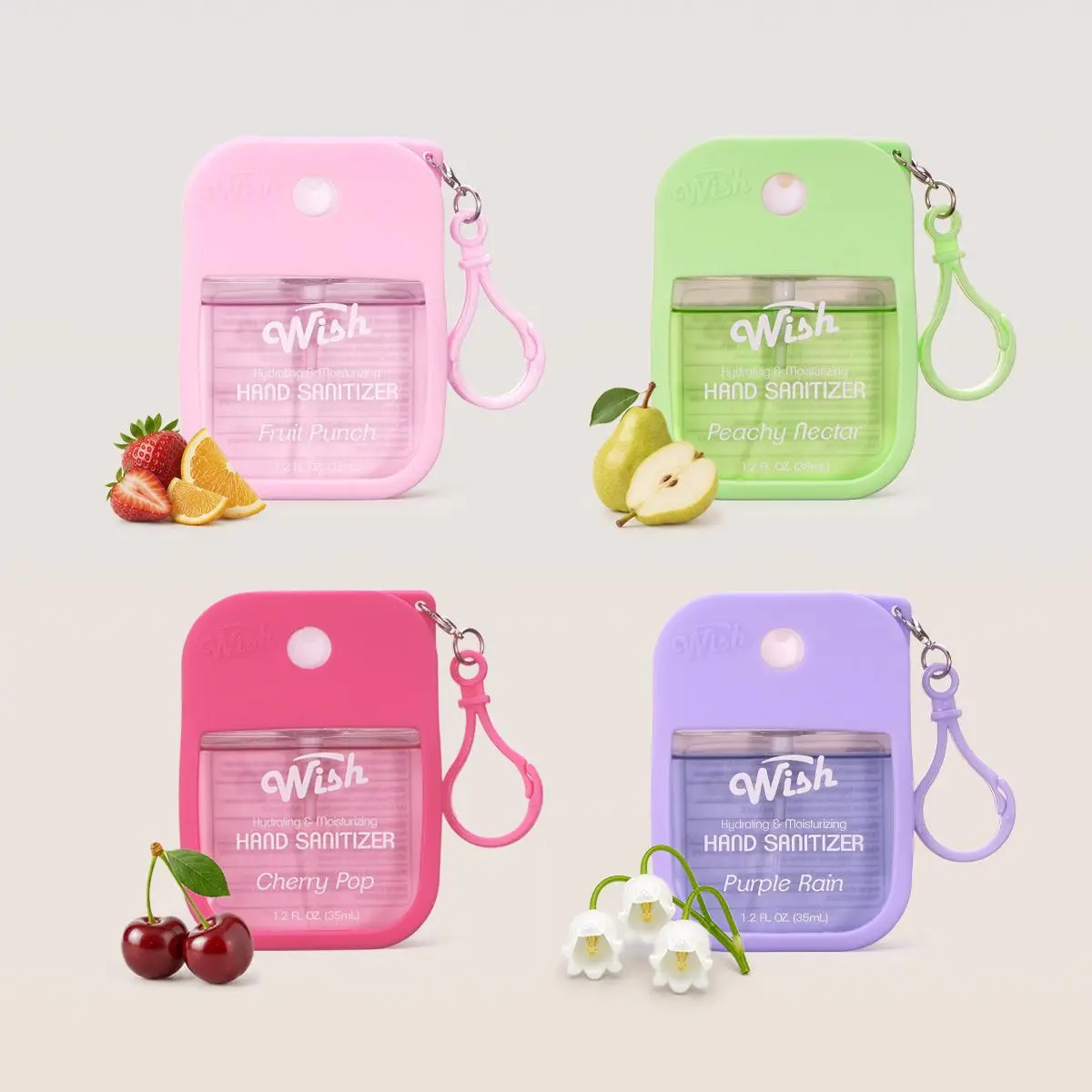 【NEW!】Wish-Care Moisturizing Cherry Scented Silicone Clip-On Hand Sanitizer Spray Multi Pack (4x1.2 fl oz/35ml) - Hydrating Dopamine Disinfection Gel Hand Sanitizers for Travelers, Purple Rain & Peach, Glycerin, Keychain Snap, Purse-Size, Fruity, Spray Ha