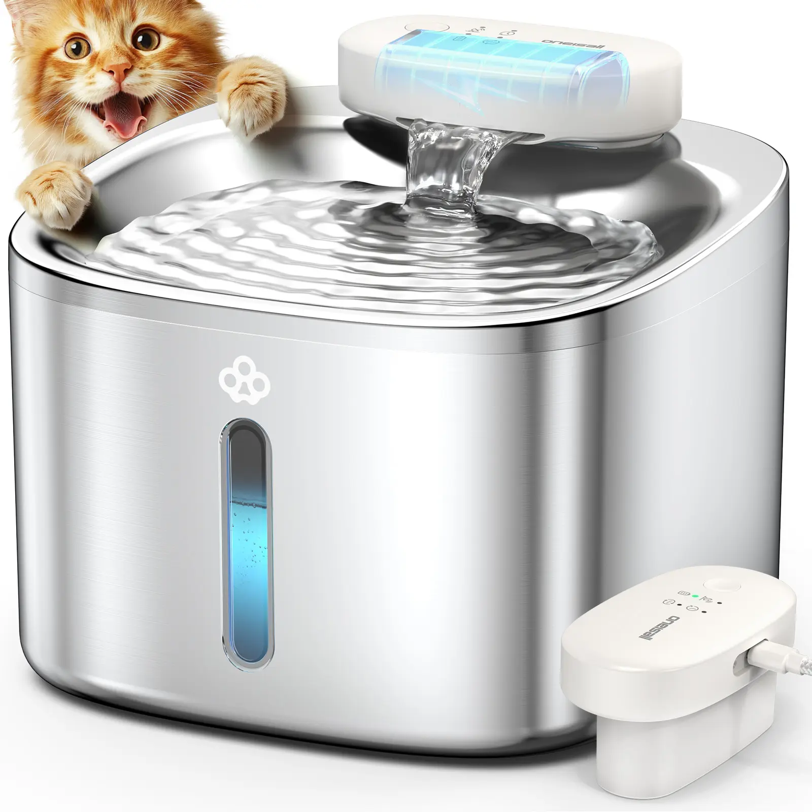 oneisall Wireless & Stainless Steel Cat Water Fountain, 3.5L/118oz Automatic Cat Water Fountain,304 Stainless Steel,Cordless & Rechargeable with Motion Sensor and Low Noise