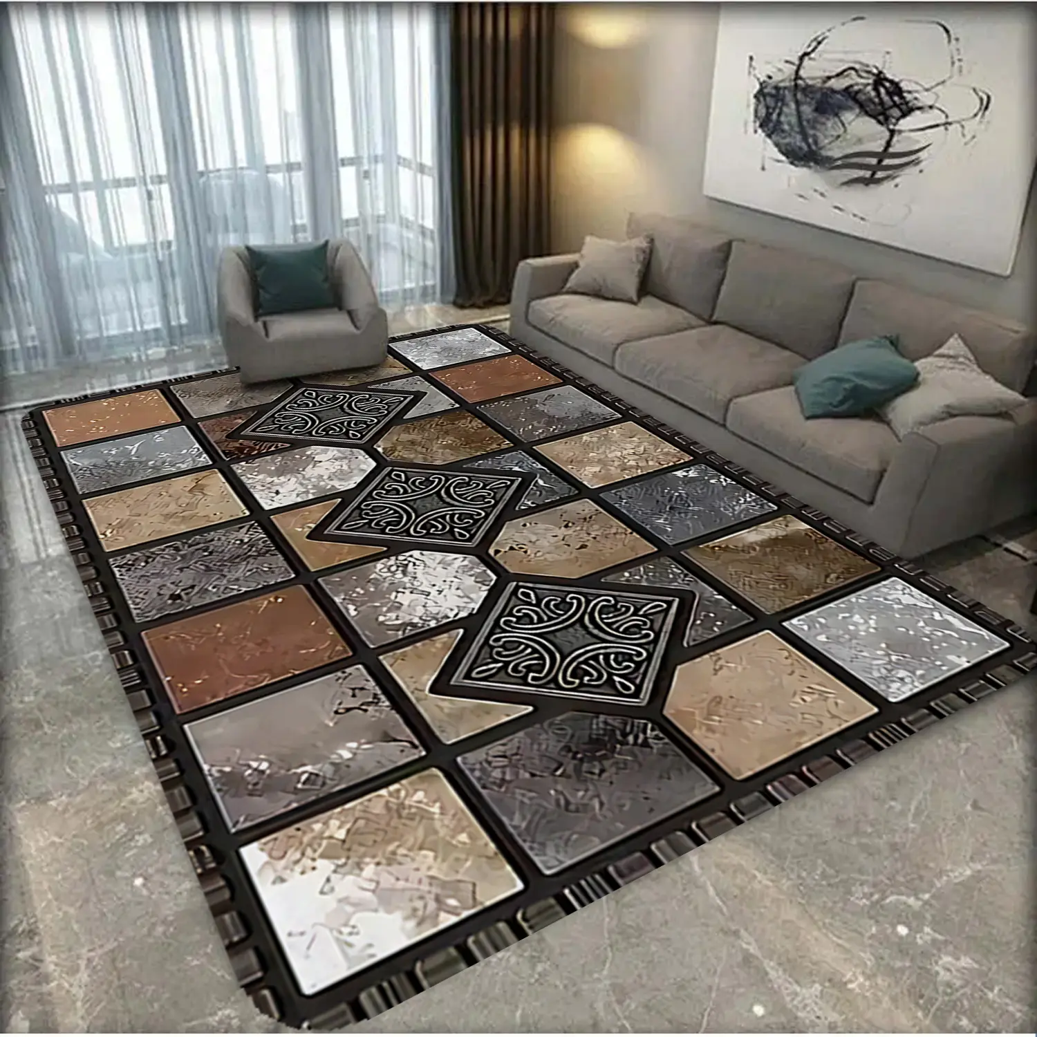 1 piece stone brick themed carpet, Geometric pattern rug, Geometric design rug, soft absorbent, anti-slip wear-resistant, elastic, suitable for home & outdoor decor, durable washable, pet mat, Decorative Rug