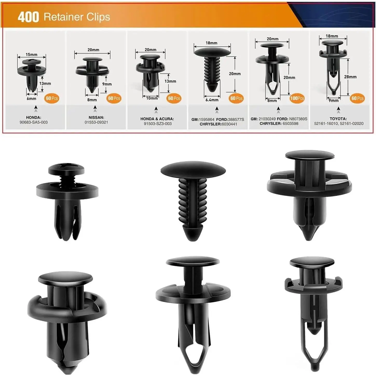 Nilight 400-Pcs High-Quality Nylon Universal Multi-Size Car Clips Kit - 6 Most Common Sizes, Bumper Repair Fasteners, Easy Removal, Replacement for GM, Ford, Toyota, Honda, Essential Car Interior Accessory