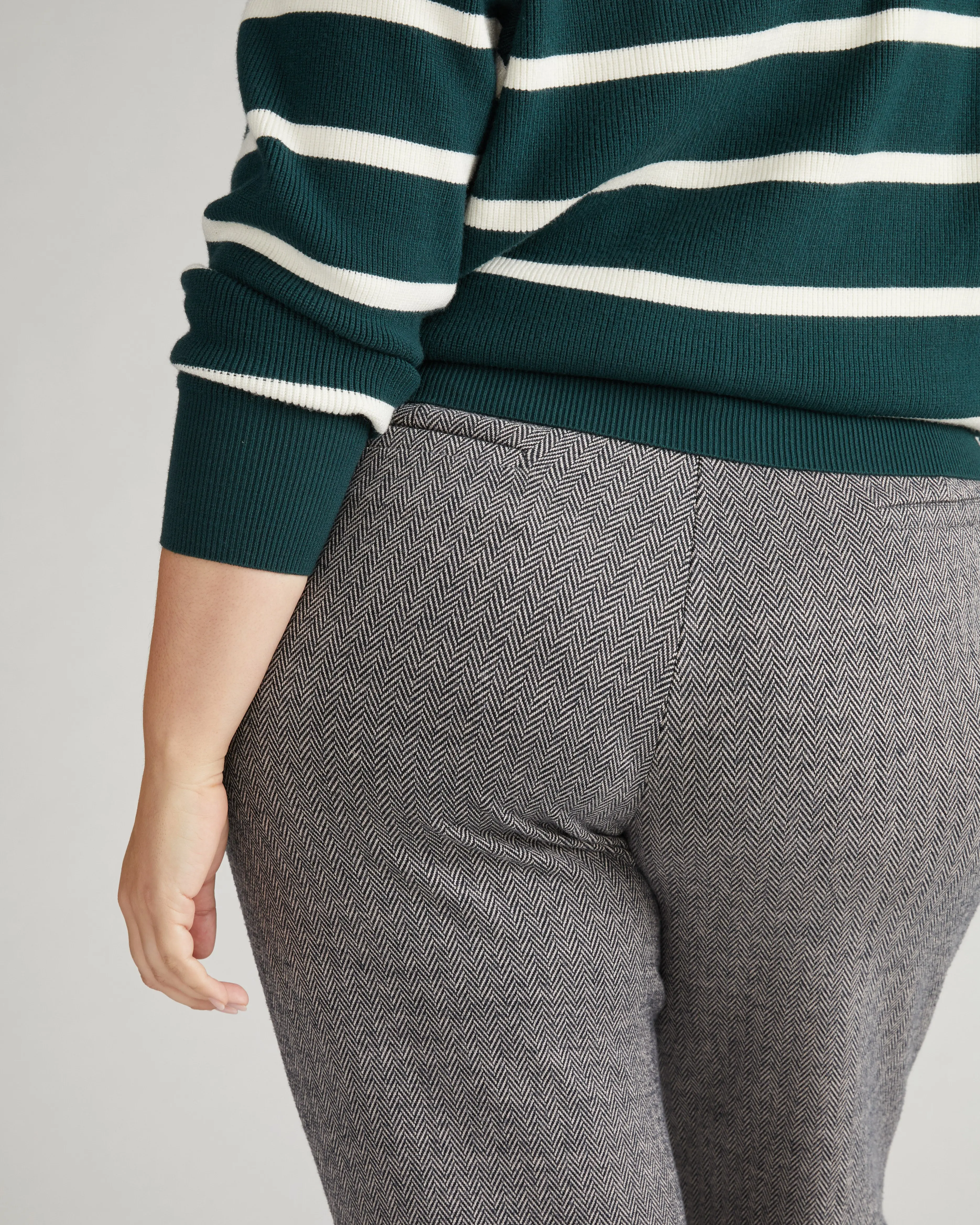 Women's Fitted Stretch Ponte Herringbone Tweed Long Cigarette Cut Pants - Nylon, Rayon, Elastane Blend, Business Casual Work Bottoms with Leg Room, Machine Washable for Pairing with Sweaters