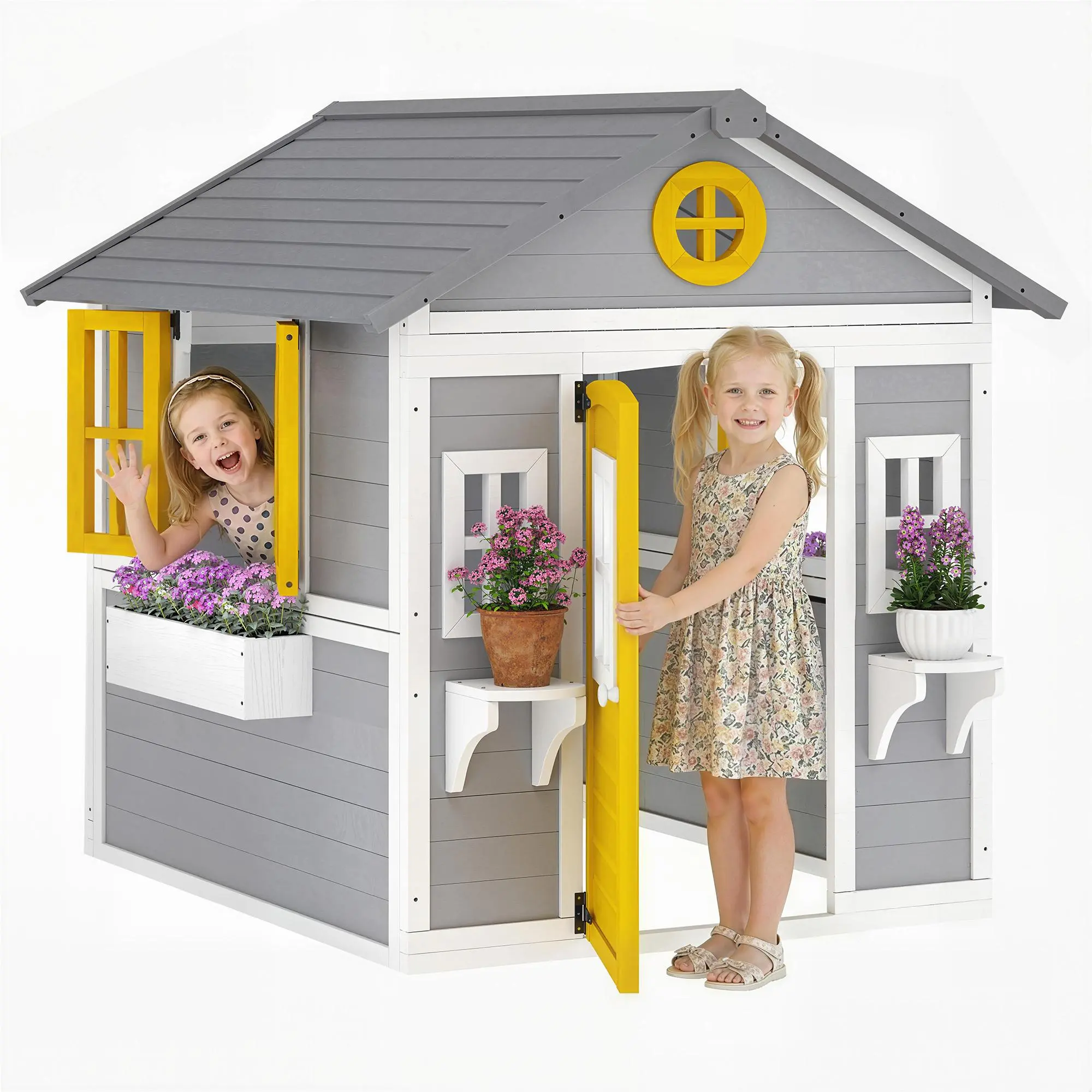 Outsunny Outdoor Kids Playhouse, Wooden Playhouse with Doors, Windows, Planter Pots and Boxes for Toddlers 3-8 Years, Cottage Play House for Backyard, DIY Chicken Coop, Gray