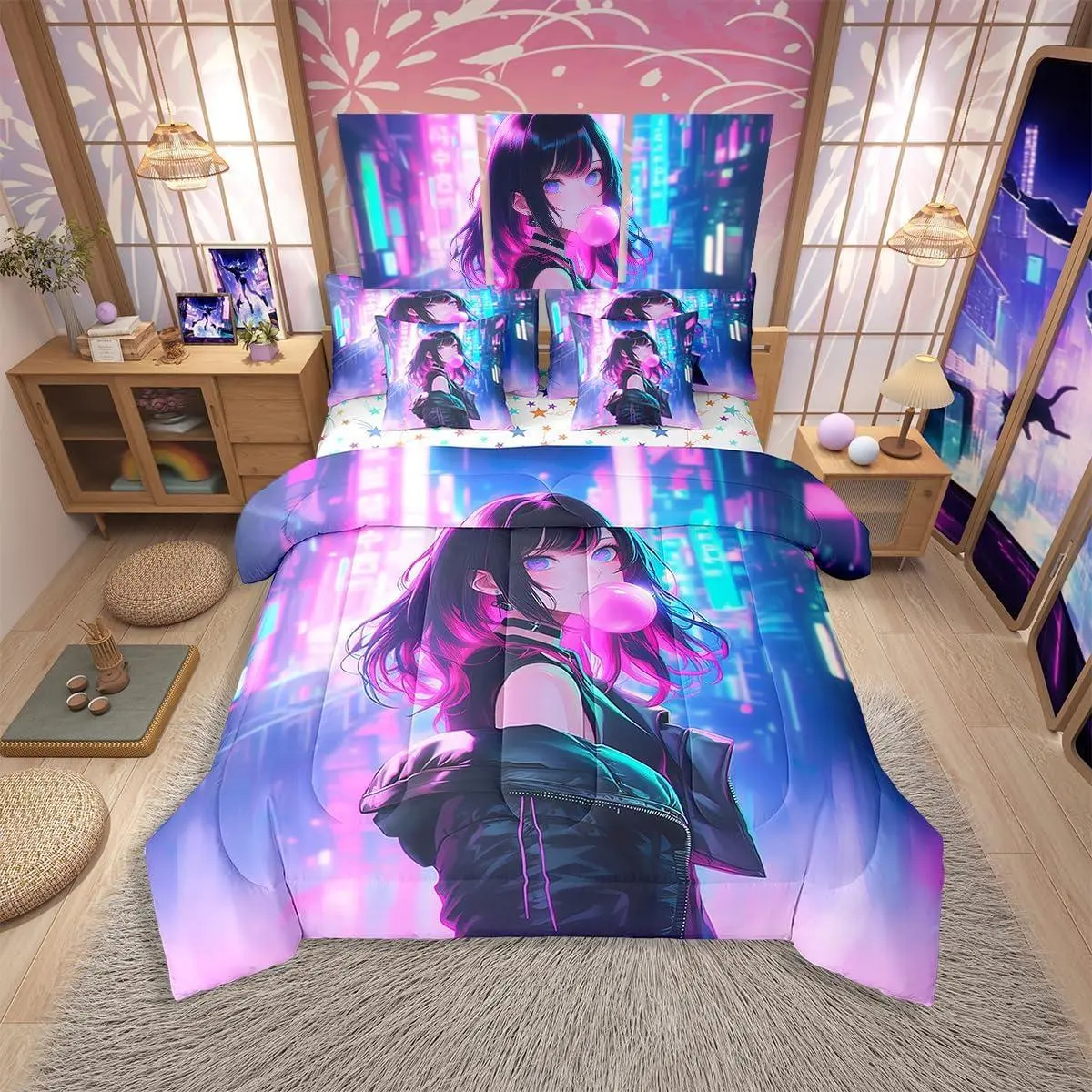 Feelyou 7-Piece Anime Girl Bedding Set - Quilt Cover, Sheets, Kawaii Cartoon Prints, High-Tenacity Breathable Fabric, Queen & Multi-Size Bed-in-a-Bag, Japanese Animation Bedroom Decor for Teens, Queen Bedding Sets