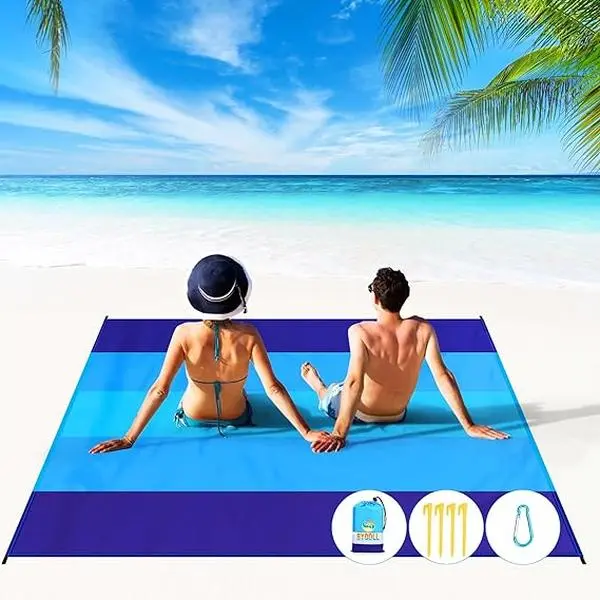 Oversized Beach Blanket 78"×81" - Lightweight, Waterproof, Sandproof Camping Gear, Unisex Outdoor Activities Mat for 4-7 Adults & Kids, Emergency Mat (Blue-Mixed)