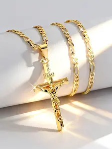 14K Gold-Plated Jesus Cross Pendant Necklace, Vintage Smooth Design for Men, Perfect for Prayer & Holiday Blessings, Durable Everyday Jewelry