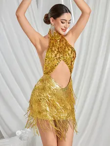 Sexy Backless Fringe Mini Dress, Sleeveless Party Gown, Plain Slim-Fitting Design, Transparent Lace Hollow Out Detail