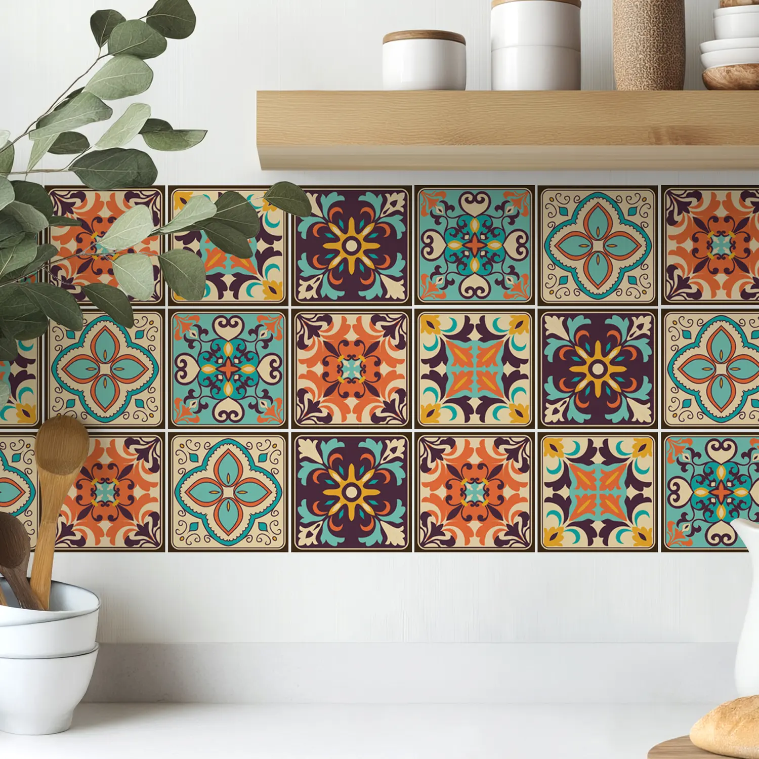 30pcs Vintage Spanish Talavera Plastic Tile Stickers, 10x10cm Peel-and-Stick Waterproof Glossy Bohemian Floral Houndstooth Wall Decor, Peel and Stick Wall Decor for Kitchen Backsplash Home Supplies