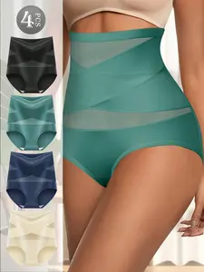 4pcs Women’s High Waisted Tummy Control Panties Set, Seamless Shaping Briefs with Cross Waistband & Mesh Panel, Soft Stretchy Breathable Underwear for Daily Wear, Work, Travel & Postpartum Comfort Womenswear