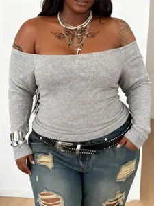 【Plus Size】1 Piece Plus Size Gray Off The Shoulder Ribbed Top, Edgy Casual Style, Slim Fit & Stretchy Fabric, Shows Collarbone Charmingly, Suitable for Plus Size Women's Night Outings, Casual Dates & Streetwear Looks