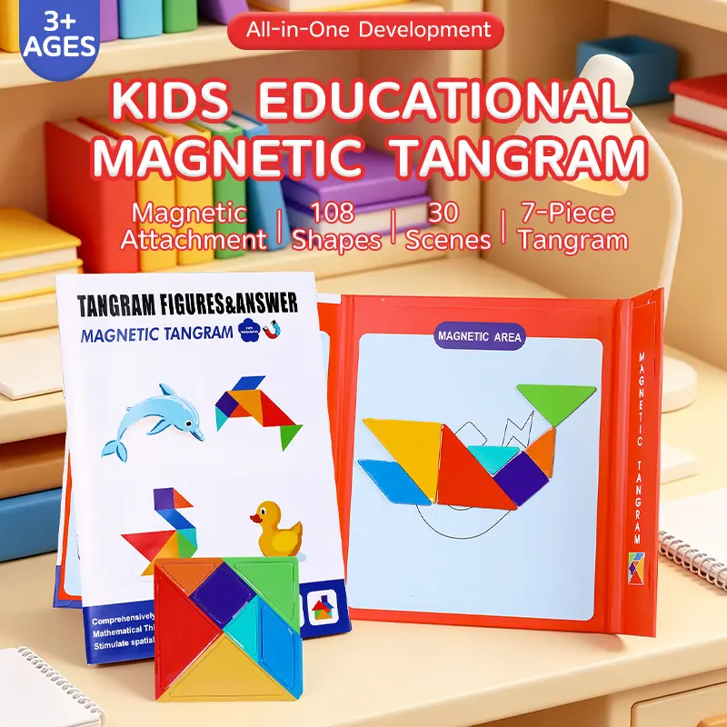 SunPayUS Travel Tangram Puzzle - Magnetic Pattern Block Book Road Trip Game Jigsaw Shapes Dissection STEM Games with Solution for Kid Adult Challenge - IQ Educational Toy Gift Brain Teasers 360 Patterns Magnetic Tangram for Kids backtoschool, sohochic
