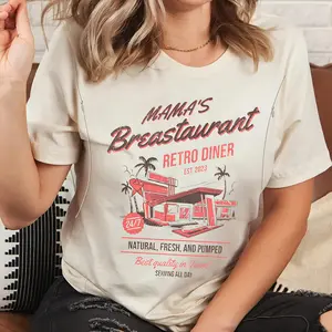 Giftifymama Mama's Breastaurant Breastfeeding Retro T-shirt Sleeve Maternity Top with Hidden Zipper, Postpartum essentials breastfeeding clothes Mother’s Day gift Valentine’s gift for new moms