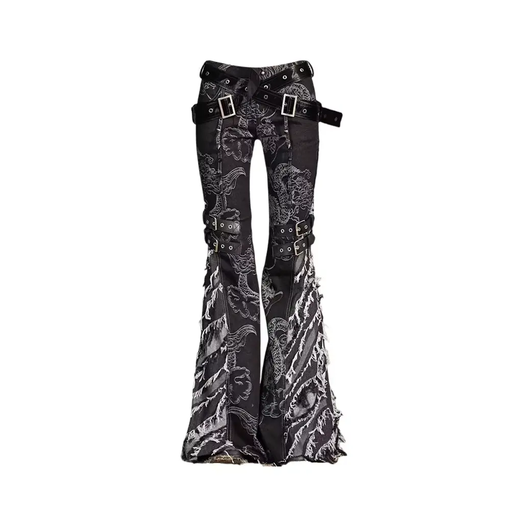 Get the Look with Y2K Punk Flare Jeans – Trendy Grunge Denim Pants with Tassel & Horn Accents High-Waisted Bell Bottoms with Belt for a Complete Edgy Outfit, Streetwear, Women