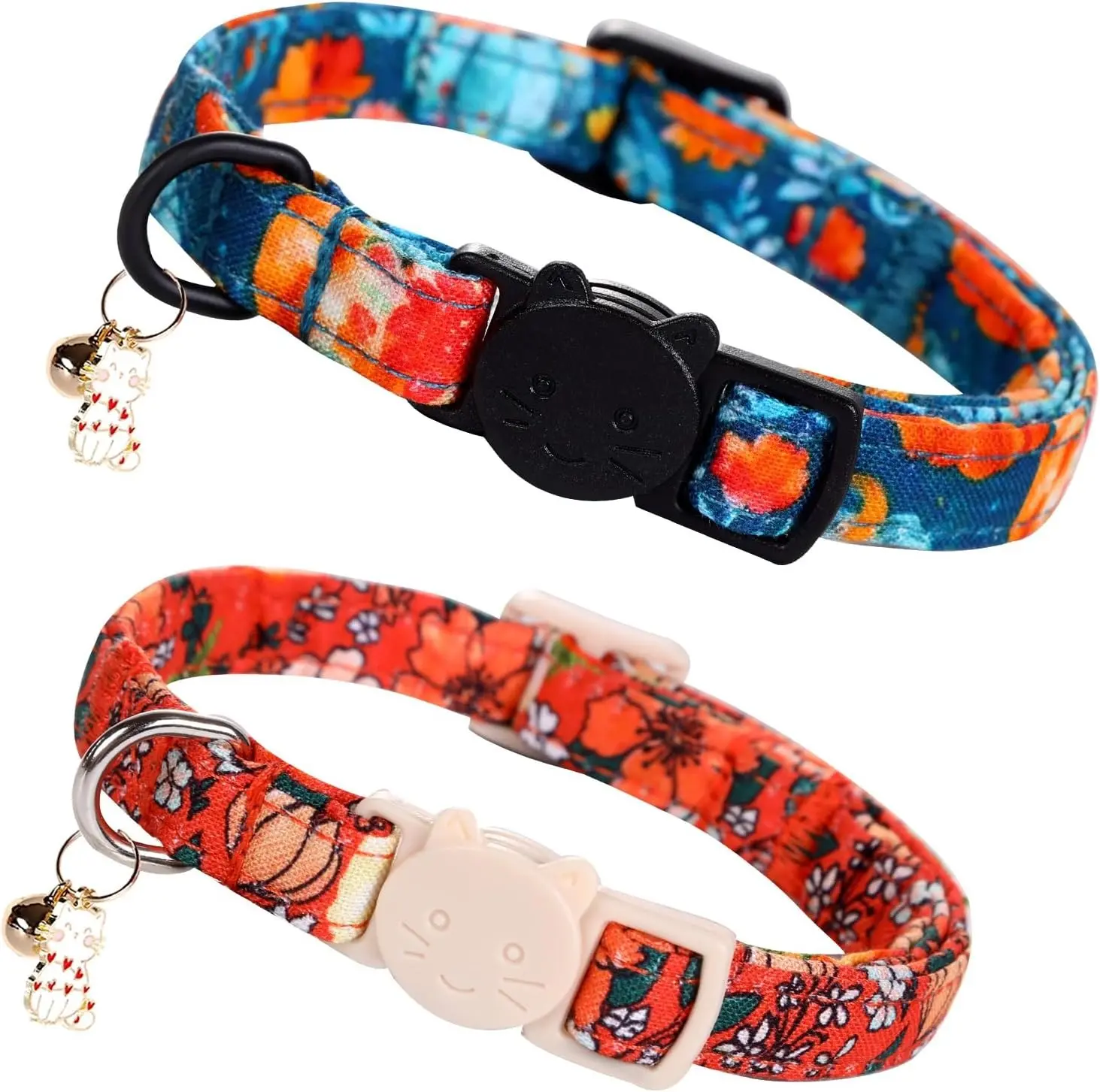 Elegant little tail Halloween Cat Collar-2 Pack Pumpkin Print Fall Cotton Breakaway Cat Collars with Bell Pendant Kitten Boy Girl Safety Adjustable Collar for Small Cats Puppy