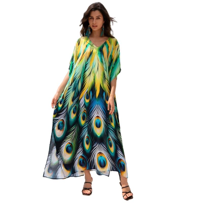 Women's Plus Size Casual Boho Chic Viscose Deep V-Neck Batwing Sleeve All Over Print Maxi Dress - Summer Swim-to-Lounge Pool Beach Cover Up, Side Slits, Hand Wash Only, Cool Iron, Do Not Bleach, All Seasons