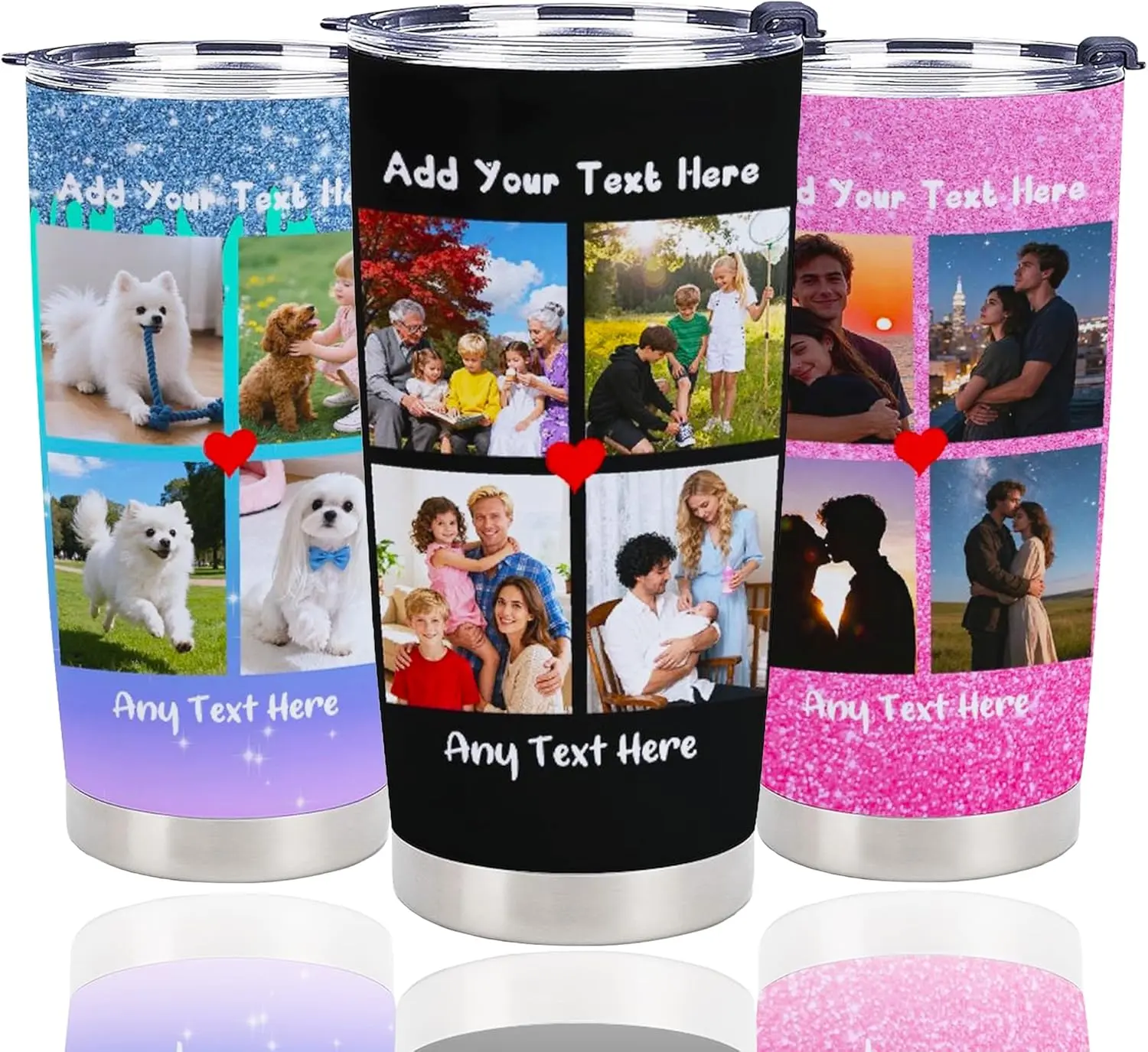 Personalized Cylindrical Vacuum Insulated Flask - Portable Custom Travel Coffee Mug with 4-Photo Collage & Text, Christmas Birthday Gift Idea, Flasks, Vacuum Sealed