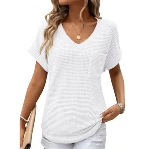 Dokotoo Women's Waffle Knit V-Neck Casual Summer Tops - Lightweight & Breathable Basic Tee for Beach, Party, Work