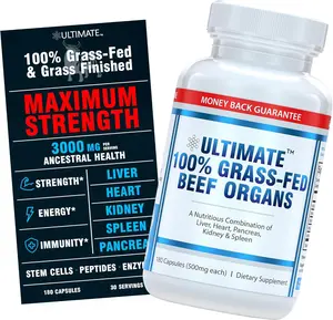 Ultimate 100% Grass Fed Beef Organs Supplement Supports Energy & Whole Body Wellness* with a Complex of Desiccated Beef Liver, Heart, Kidney, Pancreas & Spleen. Pesticide Free & Non-GMO, 180 Capsules