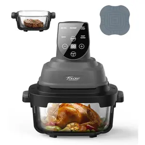 1500W 5-in-1 Glass Air Fryer Non-Toxic - 4Qt Pot+6Cup Container with Lid & Dust Cover, Portable Smart Kitchen Appliance Silicone Pad Included