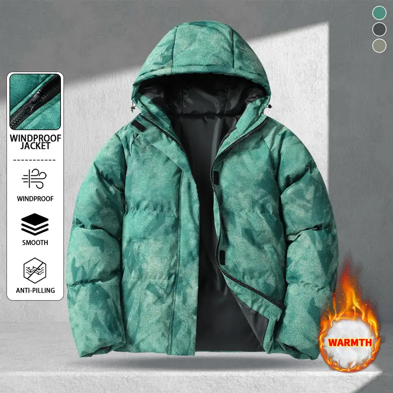 Men's casual warm down jacket with adjustable hat, full body camouflage print, Velcro and zipper dual design, effective windproof and warm, suitable for winter wear