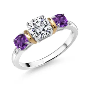 1.60 Cttw 925 Silver & 10K Yellow Gold IGI Certified Lab Grown Diamond and Amethyst 3 Stone Ring For Women | 1 Ct Center Cushion Cut Diamond | E-F Color VS1-VS2 Clarity