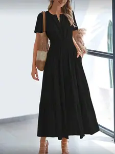 Women's Summer 2026 Casual Maxi Dress Lightweight Short Sleeve V Neck Boho Dress with Pockets