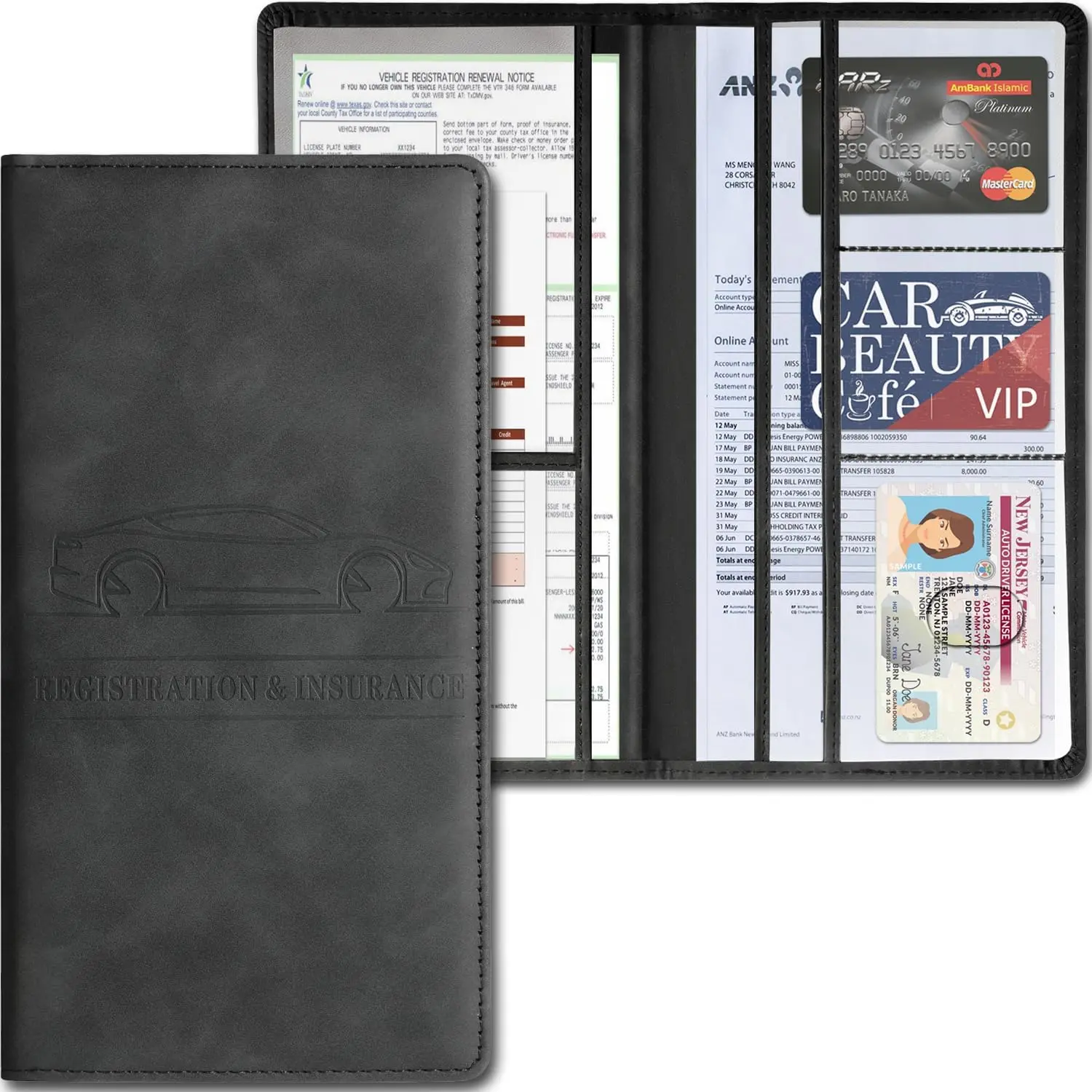 PU Leather Magnetic Closure Car Document Organizer - PVC Liner, Lightweight, Easy to Carry, Large Space Cardholder for Cars/Trucks Driver License, Registration, Insurance (Black), Best Gift Auto Exterior Accessory