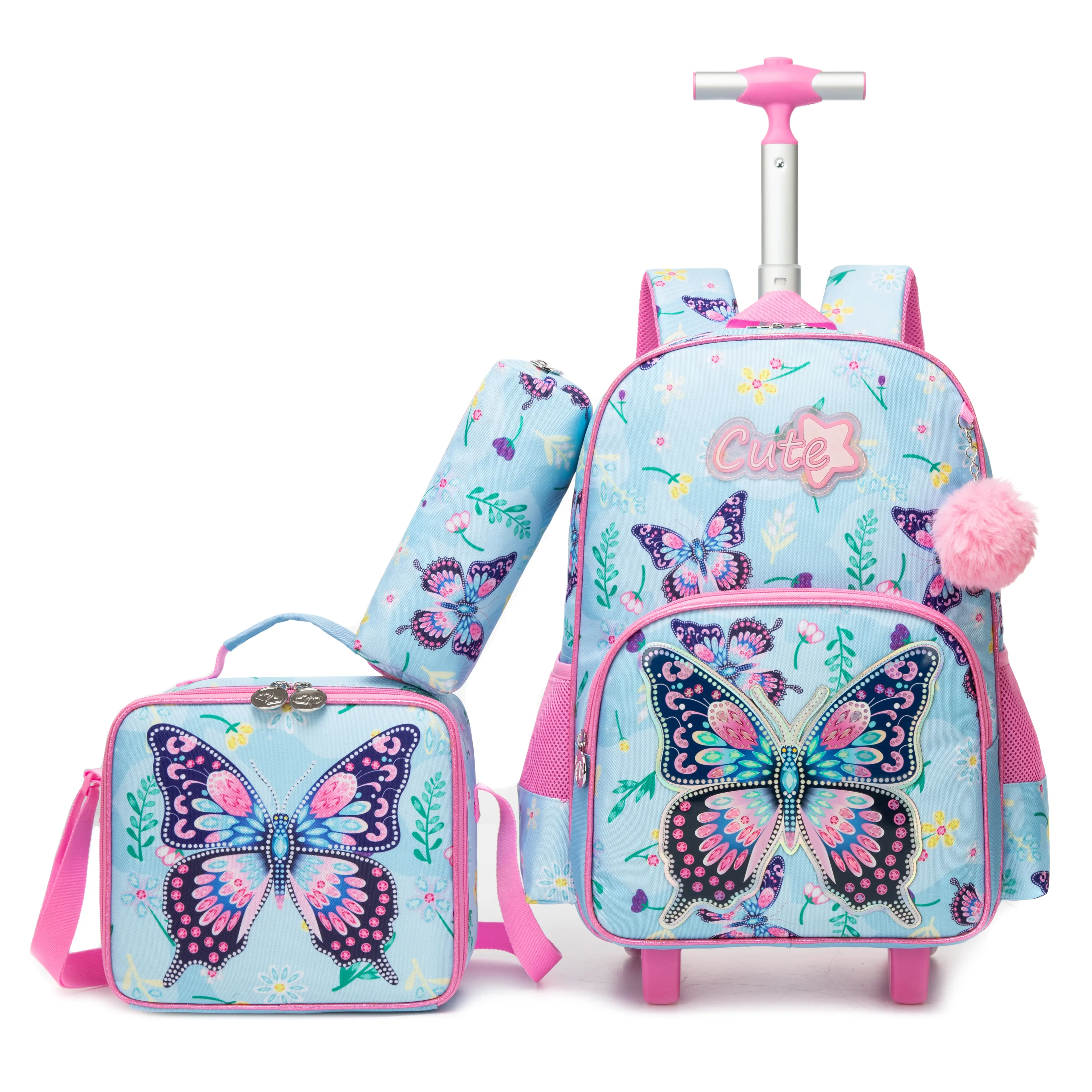 Glitter Rhinestone Butterfly 2-in-1 Rolling Backpack Set for Elementary School Girls, Backpacks for School with Matching Insulated Lunch Bag, Pencil Case, Adjustable Telescopic Handle, Flowers, School Supplies