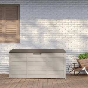 260L Garden Storage Box - Durable Plastic Outdoor Weatherproof Organizer for Patio Furniture & Tools, Wheeled with Lockable Lid, Easy Assembly Wood Finish