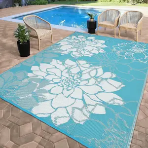 Floral Print Outdoor Rug Large Size Double-Sided Reversible Garden Decor Rug with Storage Bag and Tacks Washable UV Protection for Patios Balconies Porches Beaches RVs Picnics