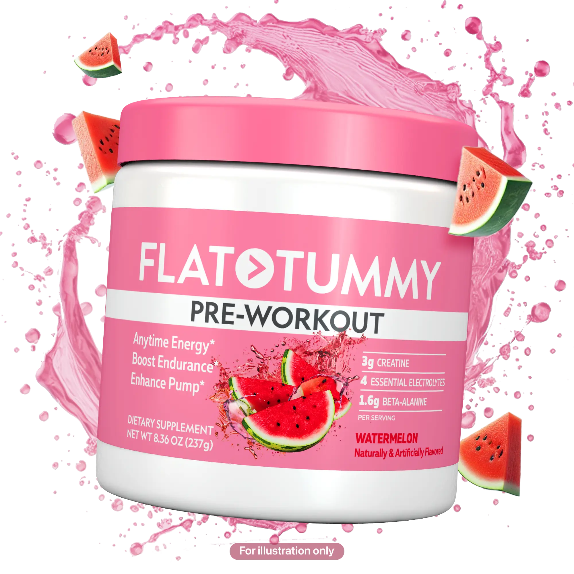 FLAT TUMMY Pre Workout Powder with Pure Creatine Monohydrate - Watermelon or Fruit Punch Flavor - Energy, Endurance, Performance, Dietary Supplement f