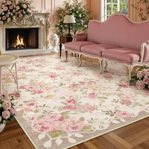 Lahome Floral Area Rug Non-Slip Boho Vintage Under Bed Rugs for Living Room, Stain Resistance, Ultra-Thin Design for Office Dining Room