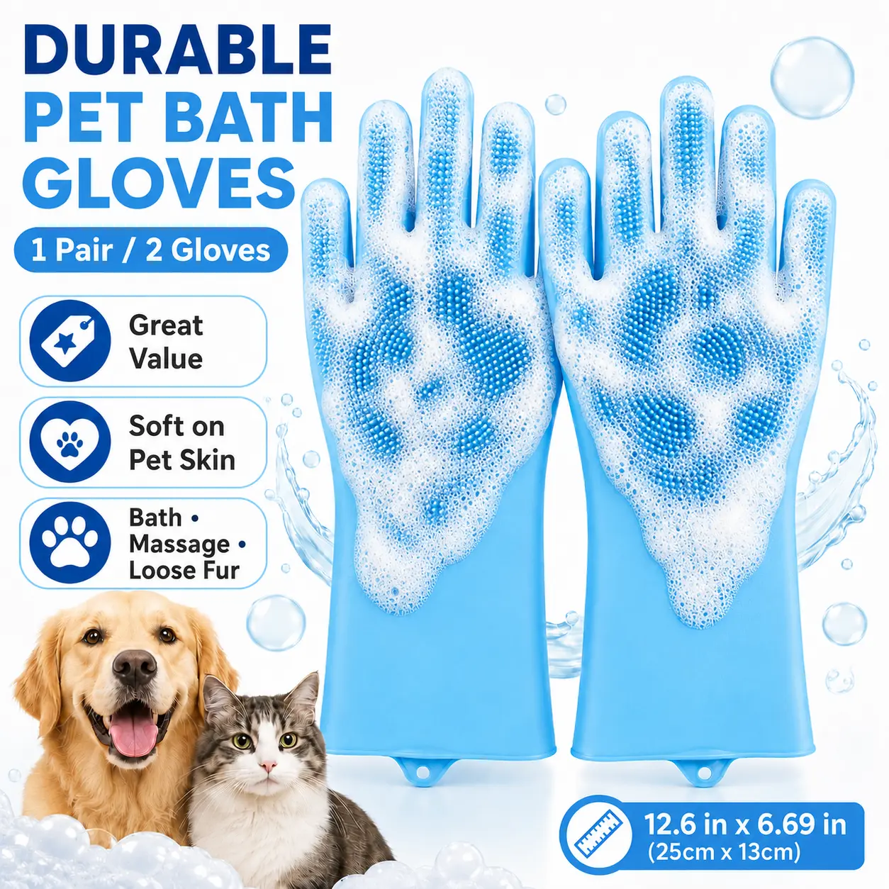 Durable Silicone Pet Bath Gloves for Dogs & Cats, 2 Count Reusable Pet Grooming Gloves for Pet Bathing, Massage & Loose Fur Removal