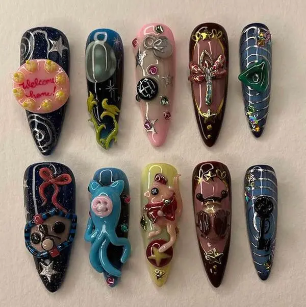 Chic Nail Studio Bite Me Press-On Nails, Red Mouth 3D Accents, Cartoon Stars & Stripes, Pink & Brown Palette, Bold Pop Style, Edgy Girl Look, Custom Press-On Nail, Handmade Cartoon Nail Art