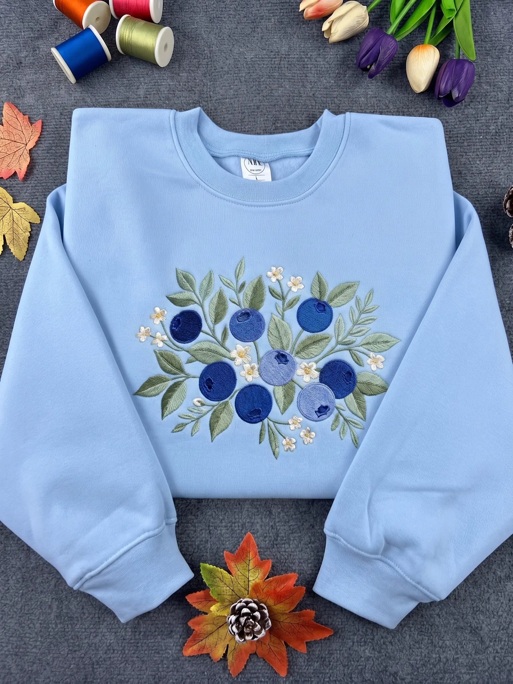 Embroidered Blueberry Sweatshirt: Cozy Cotton Blend Crewneck