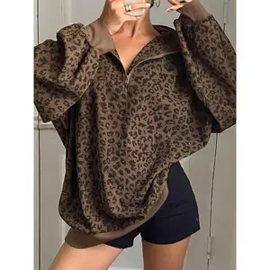 Women's Casual Leopard Print Zip-Up Hoodie - Long Sleeve, Loose Fit, Half-Zip Design, Brown & Black Retro Style for Spring/Summer/Fall large pocket