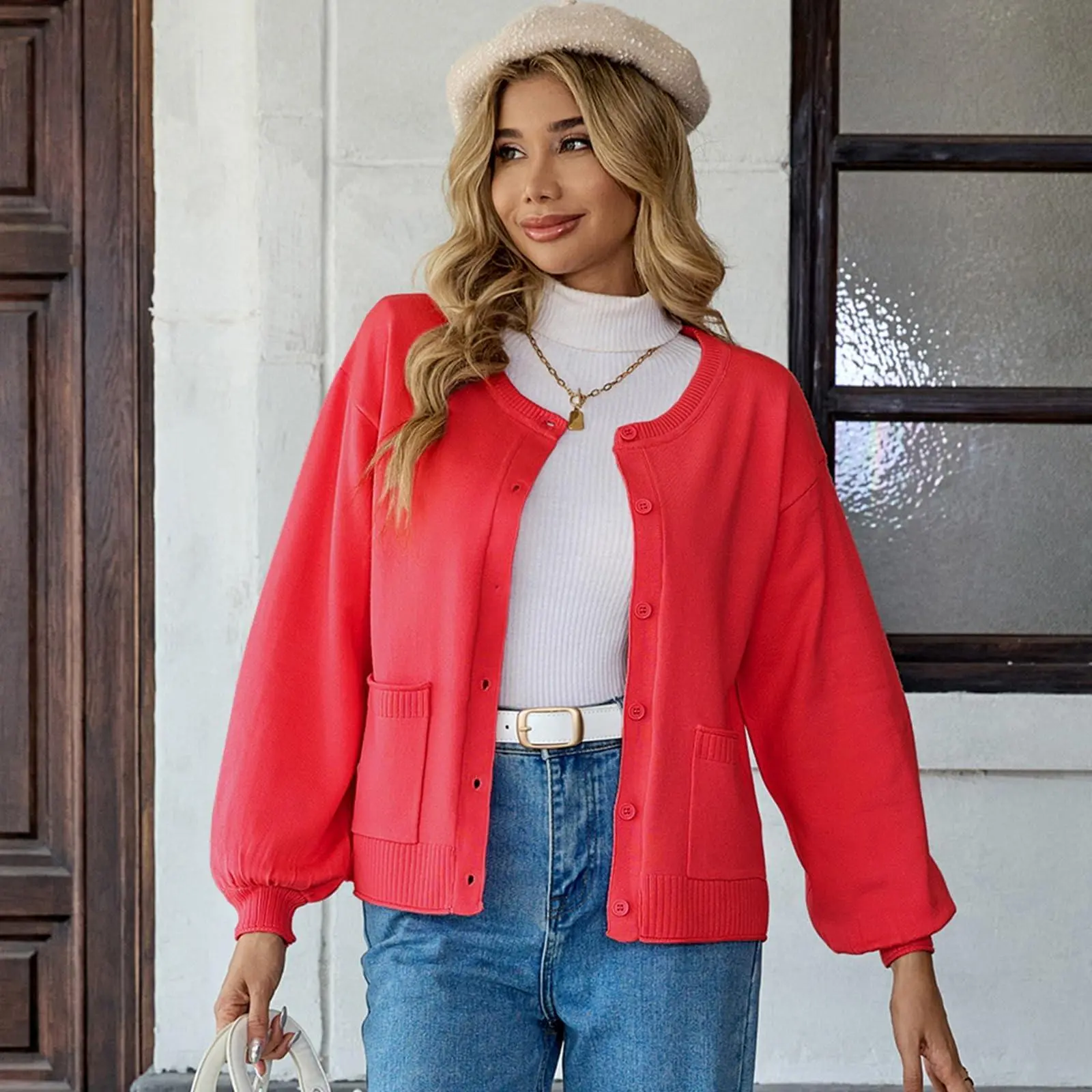 Women's Casual Cardigan, Comfortable Puff Long Sleeve Round Neck Button Down Ribbed Knit Sweater with Pockets, Knitting, Longsleeves, Soft, Simple, Solid, Basic
